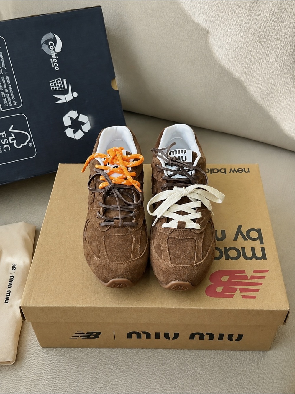 Miu Miu Brown Suede Men's Sneakers with Cream and Orange Laces